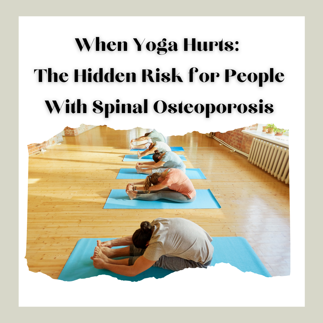 Group yoga class practicing seated forward bends, illustrating spinal flexion movements that may pose risks for people with spinal osteoporosis.
